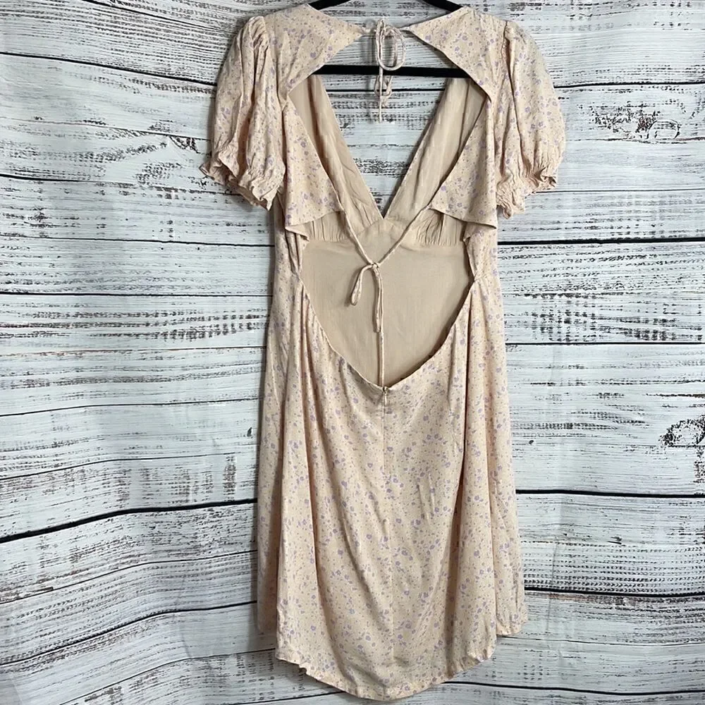 Sophie Rue Dress Womens Sz Medium neck Floral Open Back mini apricot Cottagecore